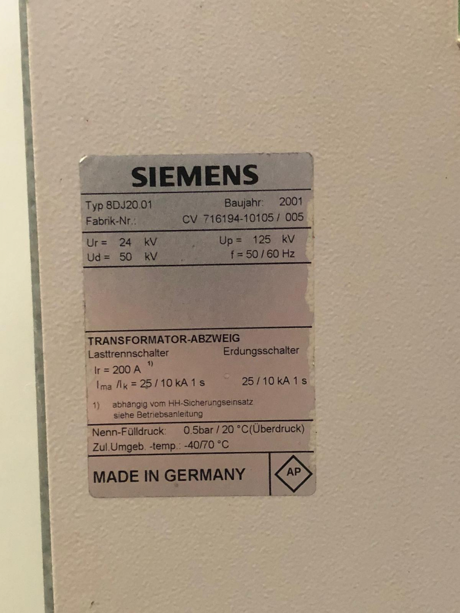 6x Siemens 8DJ20 KF RMU