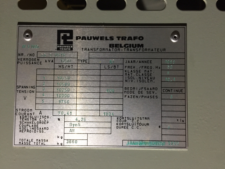 2x 1250 kVA 10 kV / 400 Volt Pauwels droge transformator 1989