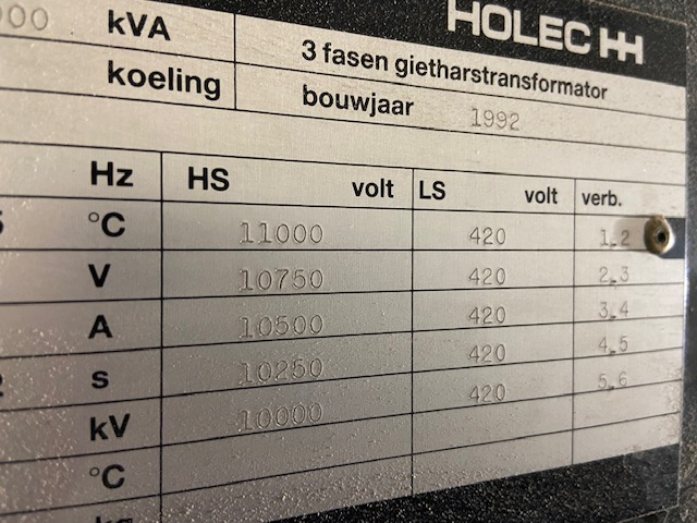 1000 kVA 10 kV / 420 Volt Holec transformator 1992