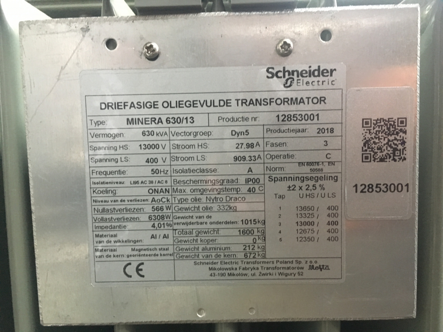 630 kVA 13 kV / 400 Volt Schneider transformator 2018 NIEUW