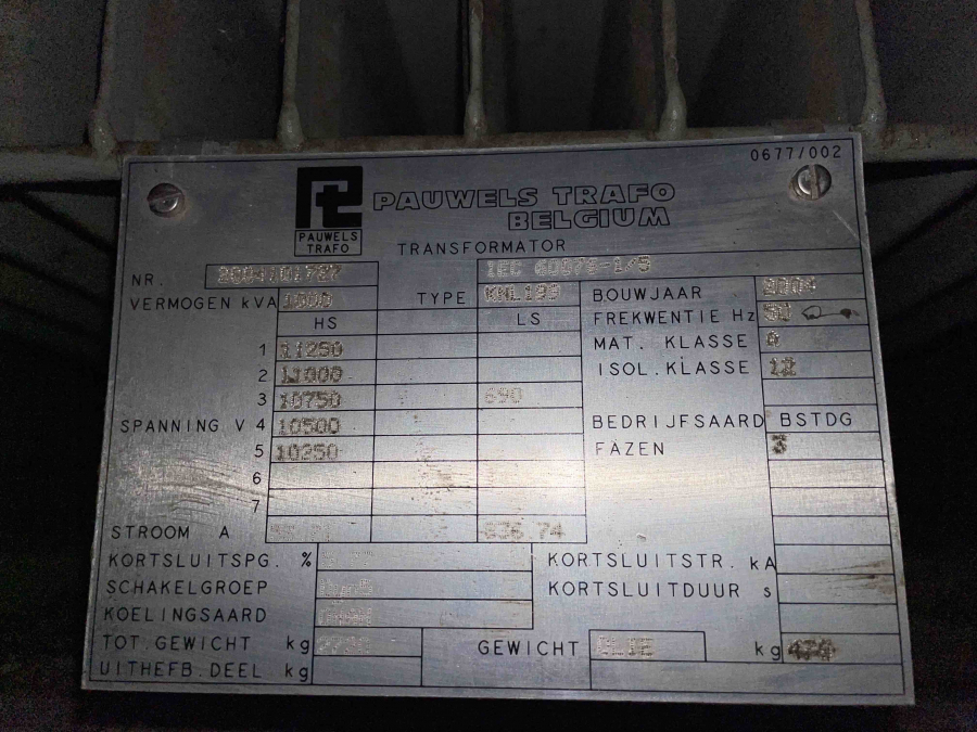 2x 1000 kVA 10 kV / 690 Volt Pauwels transformator