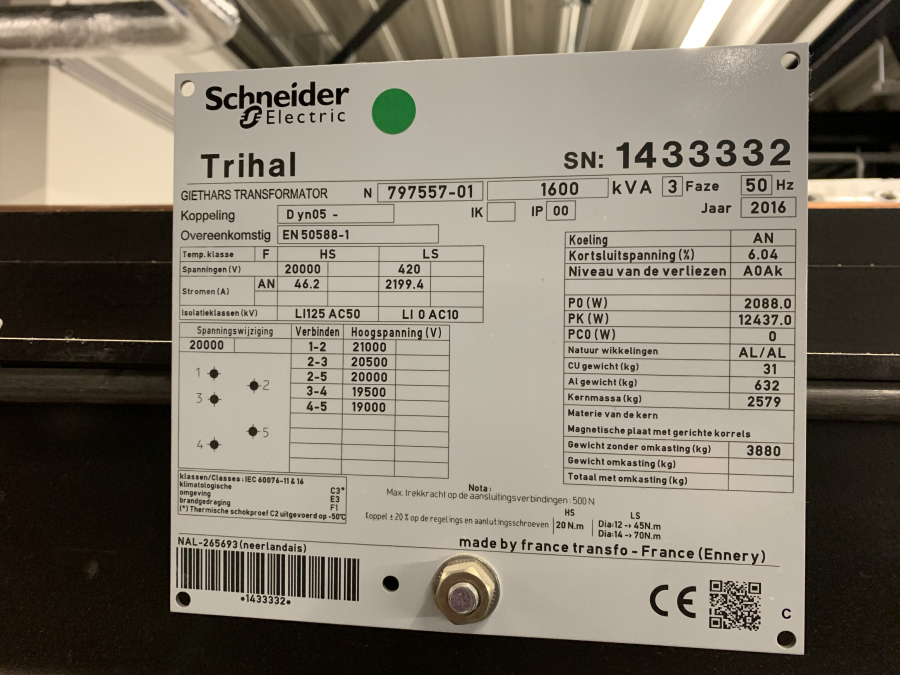 3x 1600 kVA 20 kV / 420 Volt Schneider Trihal transformator 2016
