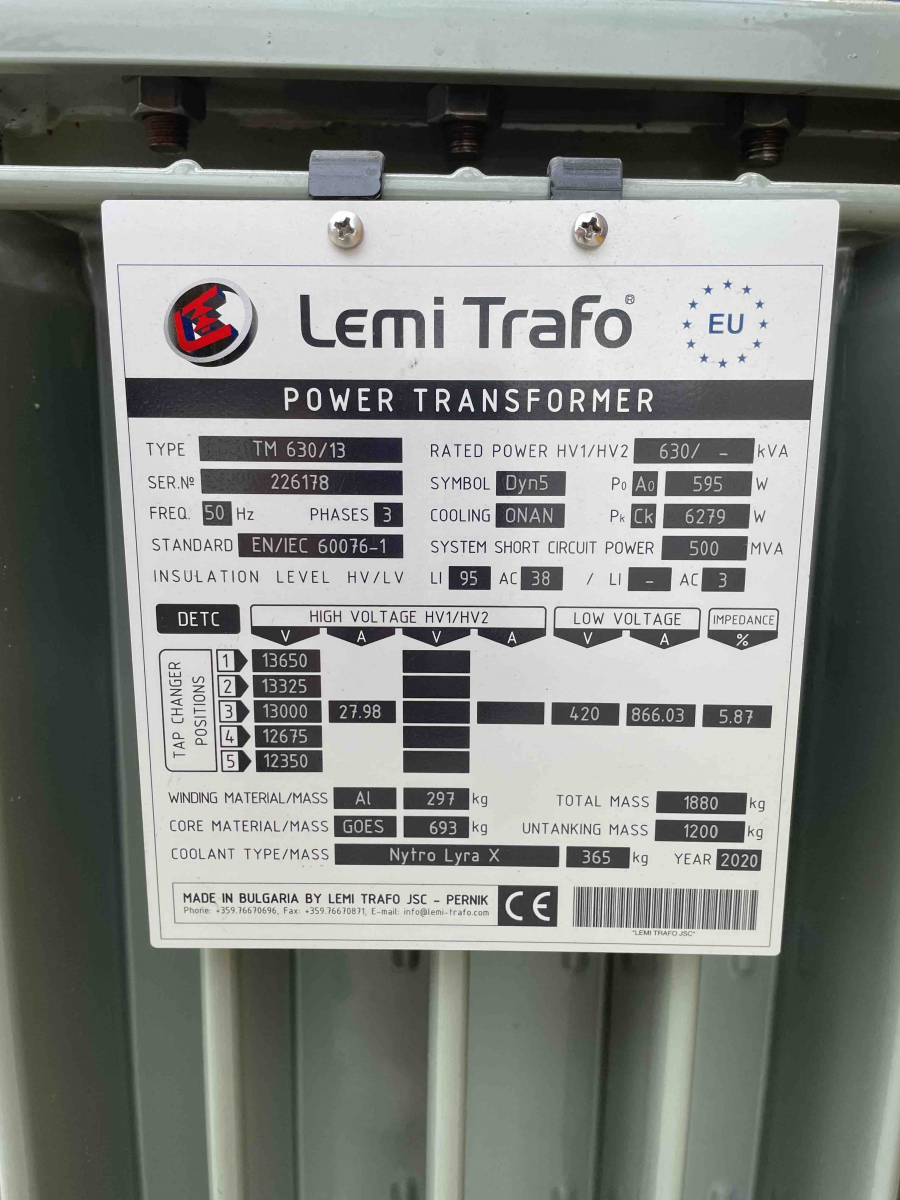 630 kVA 13 kV / 420 Volt Lemi transformator 2020 NIEUW